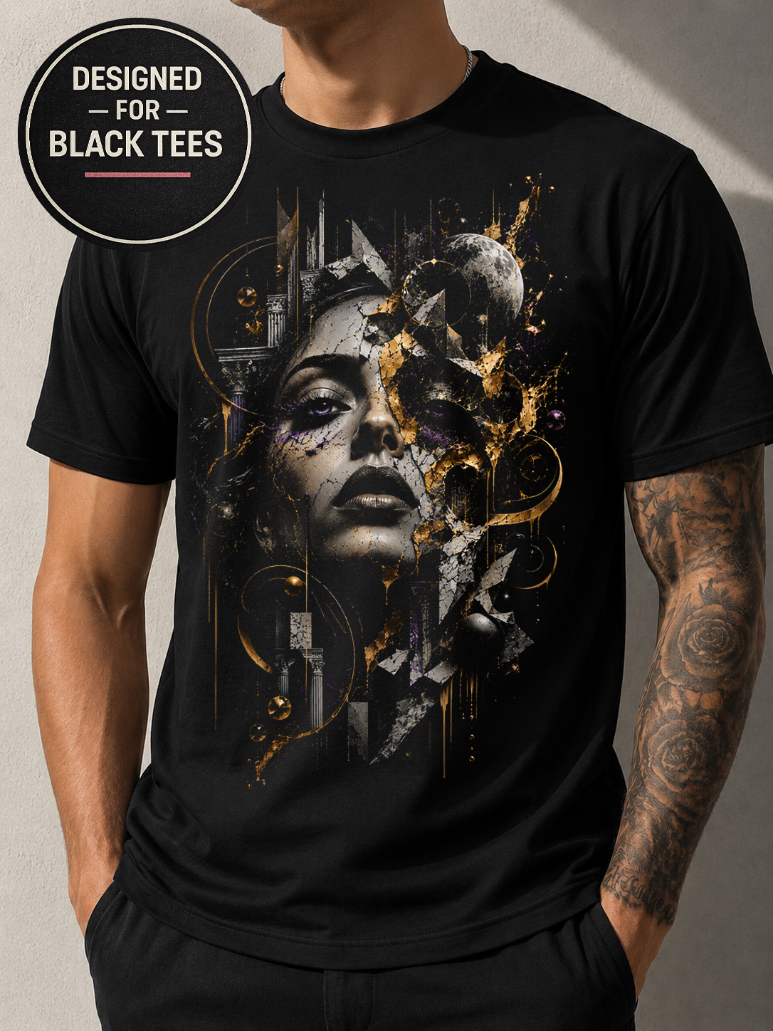 Abstract Woman Face #11 Halftone T-Shirt, Black Gold Graphic Tee, Futuristic Art Streetwear, Unisex Bella Canvas Shirt