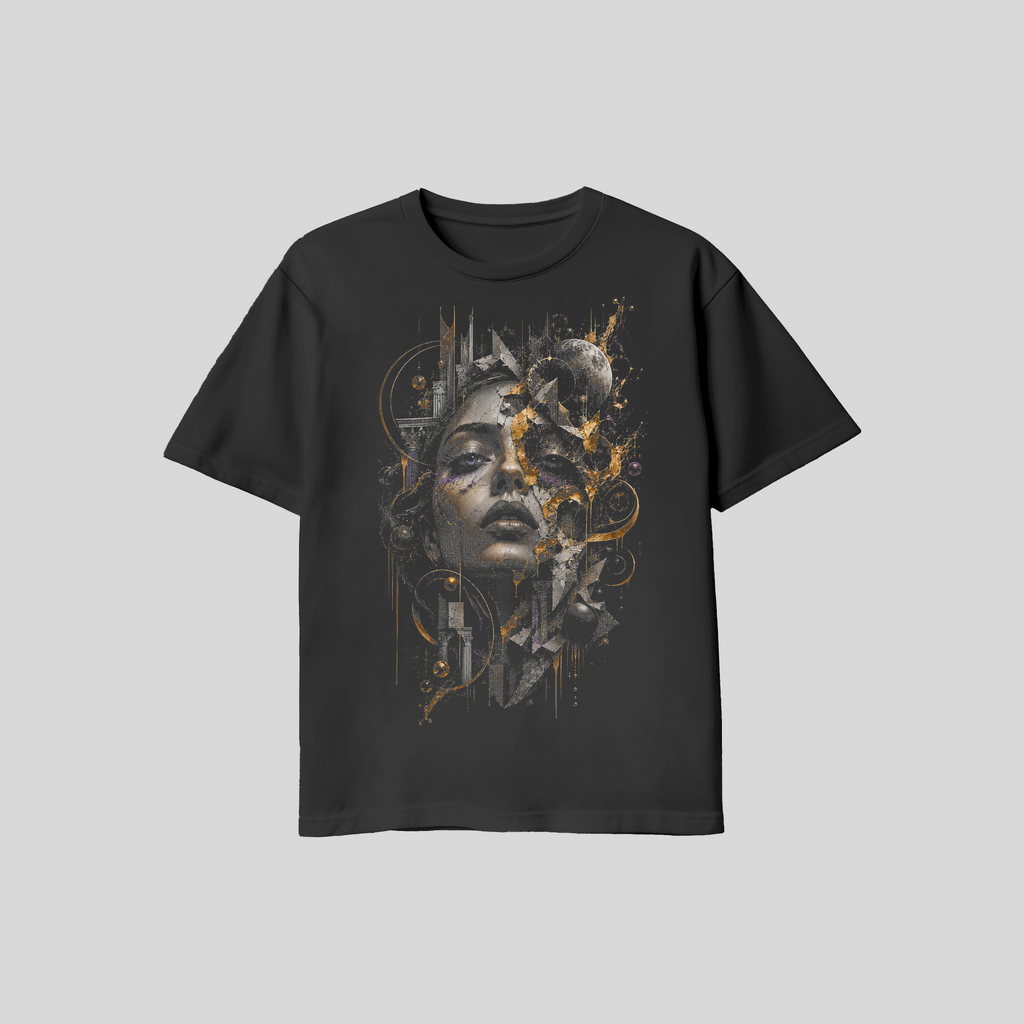 Abstract Woman Face #11 Halftone T-Shirt, Black Gold Graphic Tee, Futuristic Art Streetwear, Unisex Bella Canvas Shirt