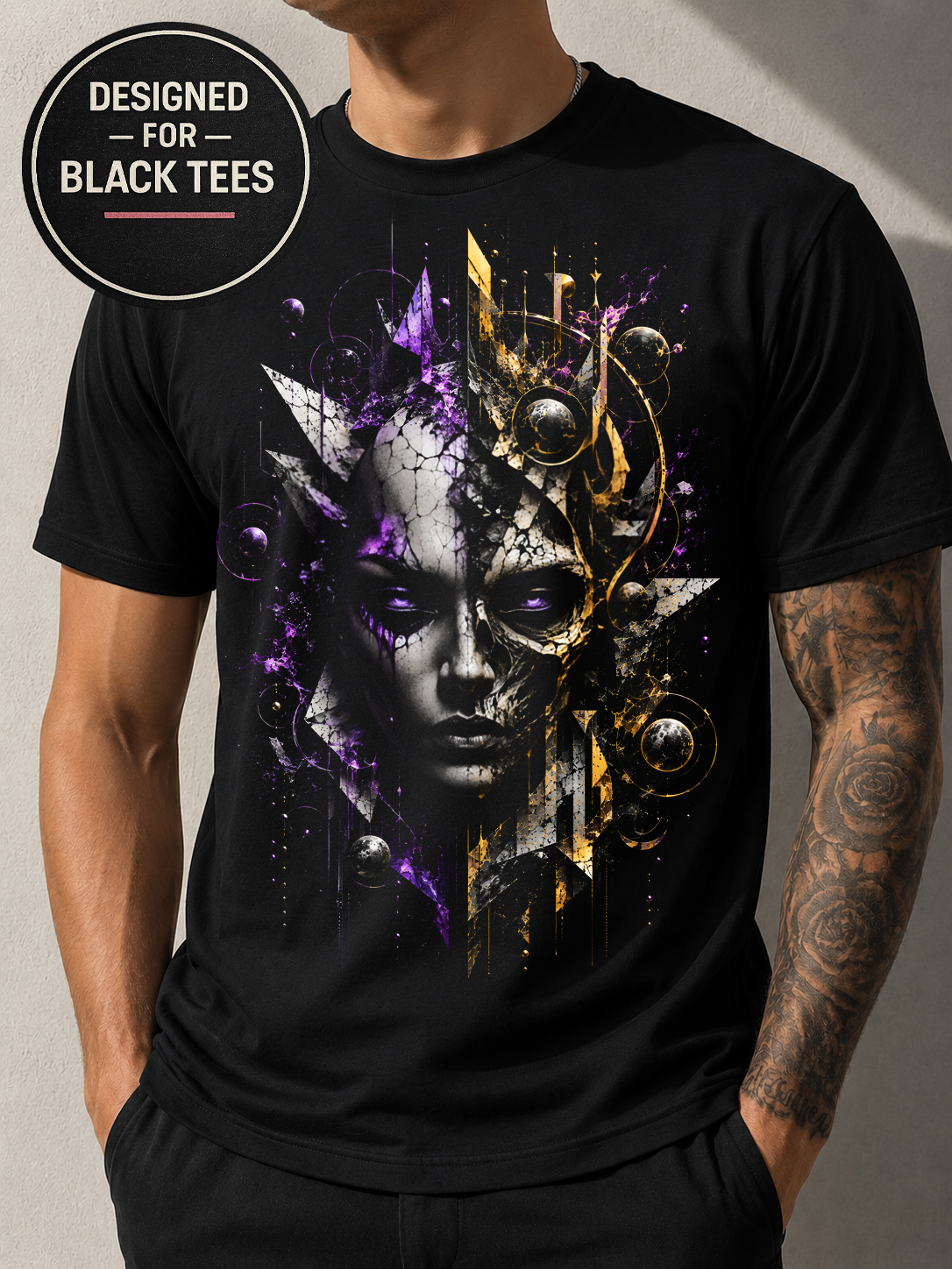 Abstract Face #12 Halftone T-Shirt, Black Gold Graphic Tee, Futuristic Art Streetwear, Unisex Bella Canvas Shirt