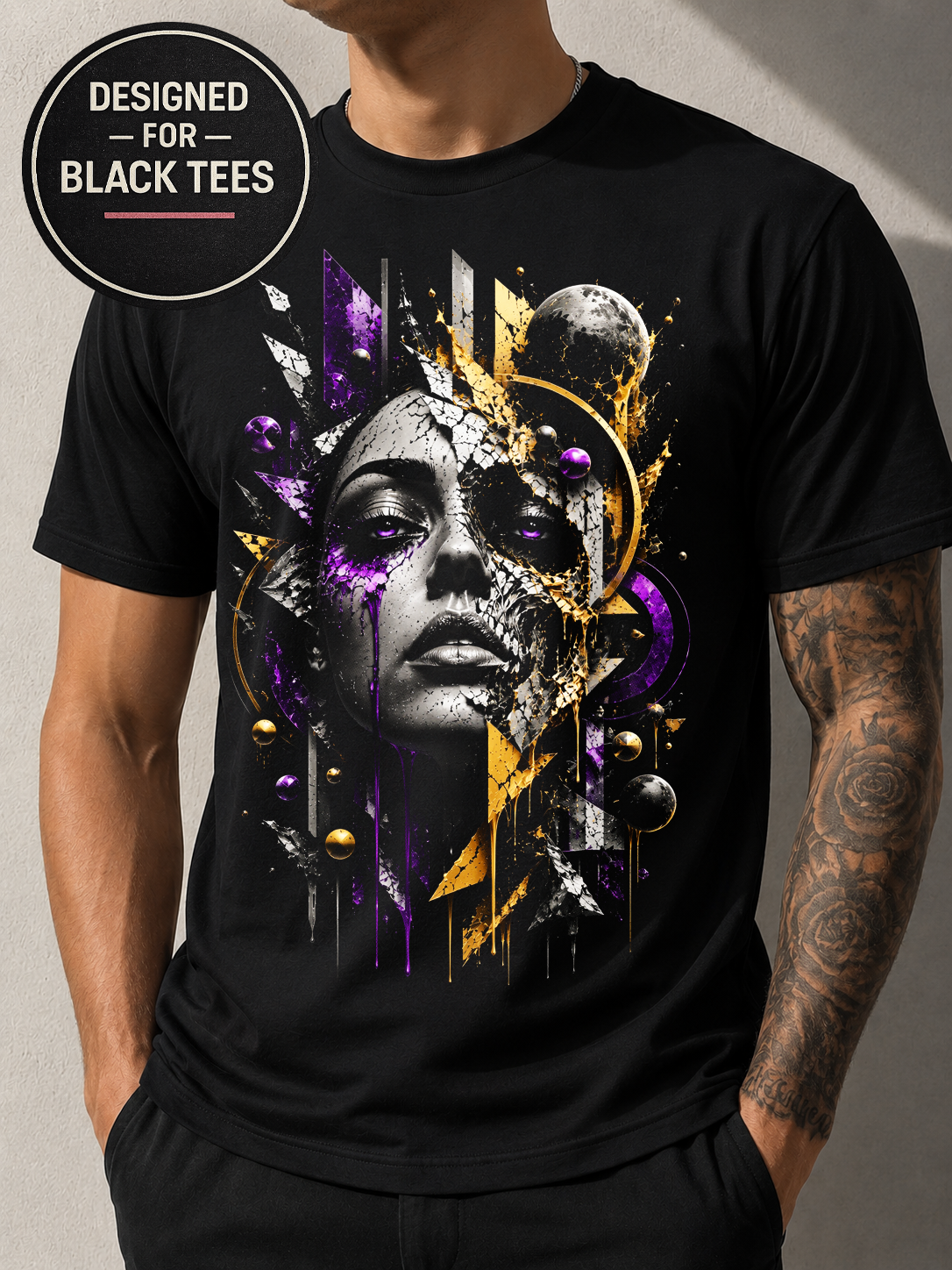 Abstract Woman Face #13 Halftone T-Shirt, Black Gold Graphic Tee, Futuristic Art Streetwear, Unisex Bella Canvas Shirt
