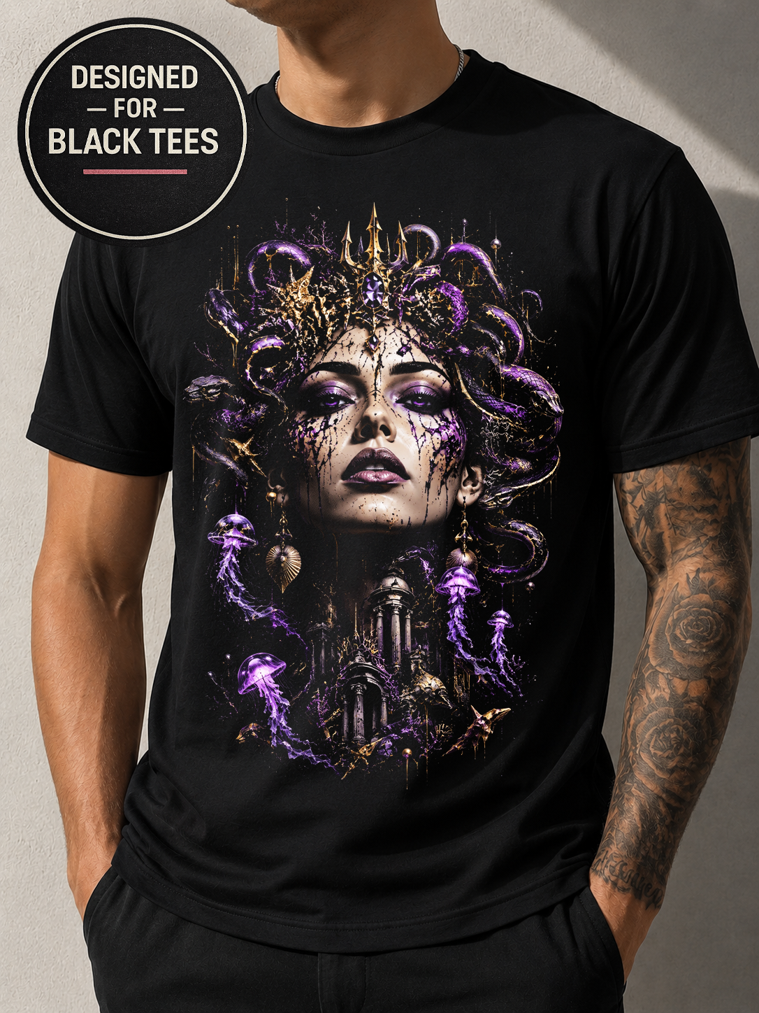 Abstract MeduceFace #14 Halftone T-Shirt, Black Gold Graphic Tee, Futuristic Art Streetwear, Unisex Bella Canvas Shirt