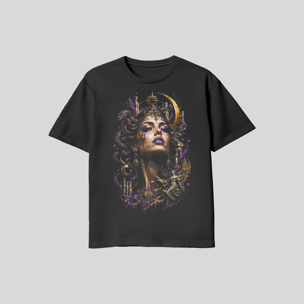 Abstract Meduce Face #15 Halftone T-Shirt, Black Gold Graphic Tee, Futuristic Art Streetwear, Unisex Bella Canvas Shirt