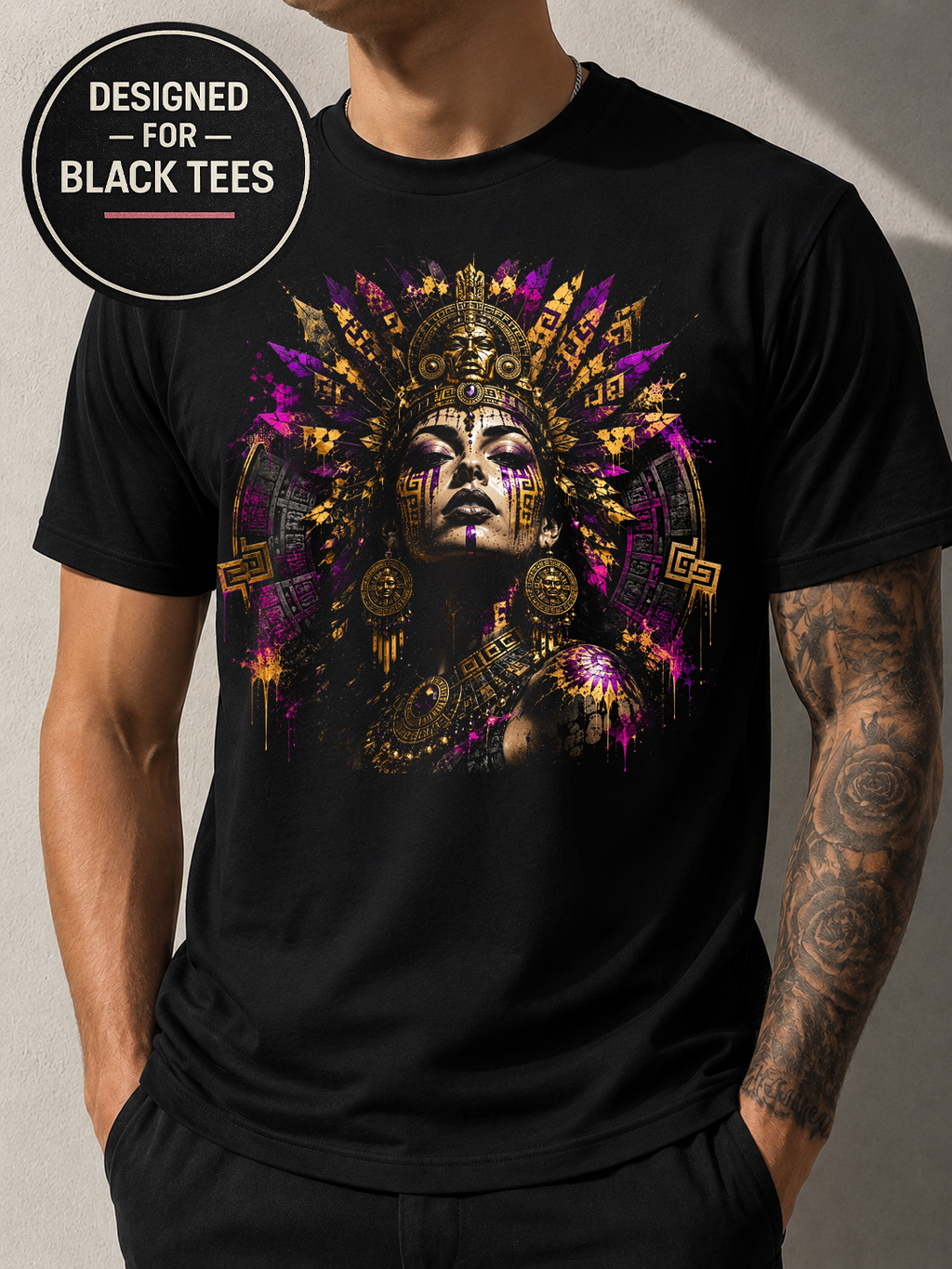 Abstract Aztec Woman Face #17 Halftone T-Shirt, Black Gold Graphic Tee, Futuristic Art Streetwear, Unisex Bella Canvas Shirt