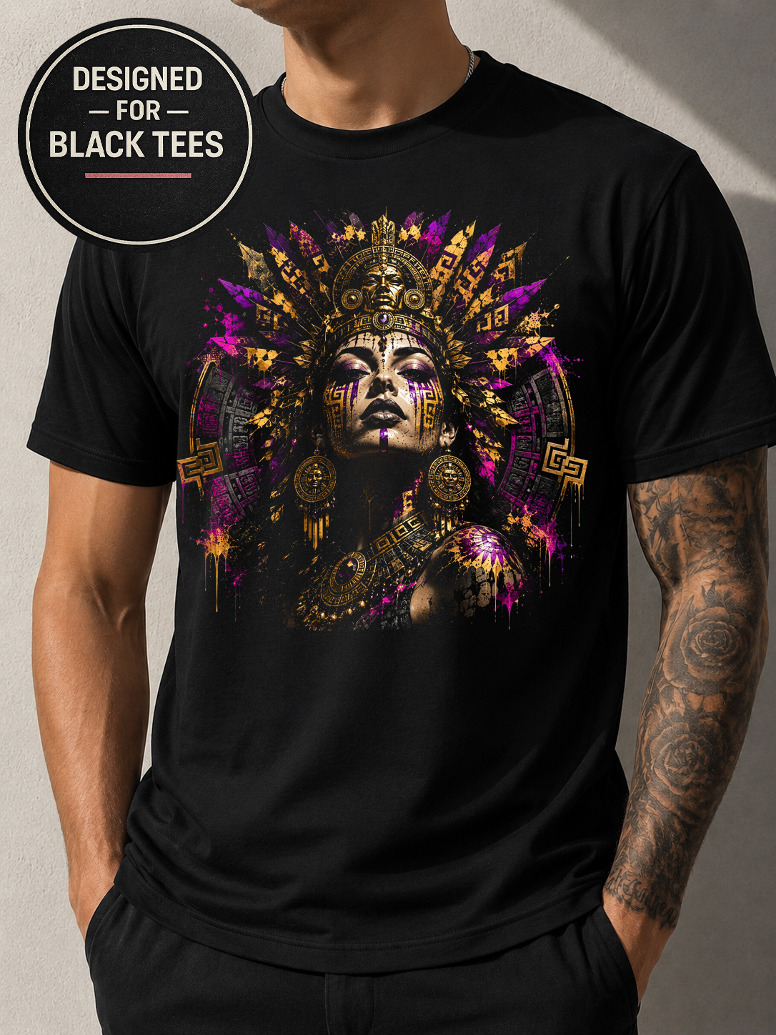 Abstract Aztec Woman Face #17 Halftone T-Shirt, Black Gold Graphic Tee, Futuristic Art Streetwear, Unisex Bella Canvas Shirt