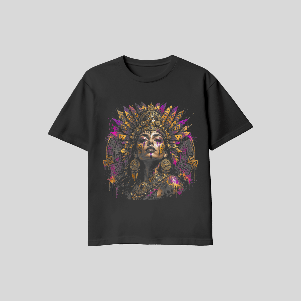 Abstract Aztec Woman Face #17 Halftone T-Shirt, Black Gold Graphic Tee, Futuristic Art Streetwear, Unisex Bella Canvas Shirt