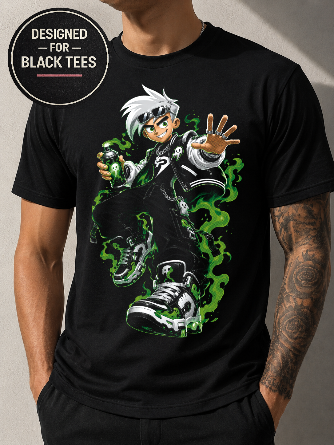 Phantom Streetwear T-Shirt, Green Ghost Graphic Tee, Anime Inspired Urban Art, Black Unisex Bella Canvas Shirt