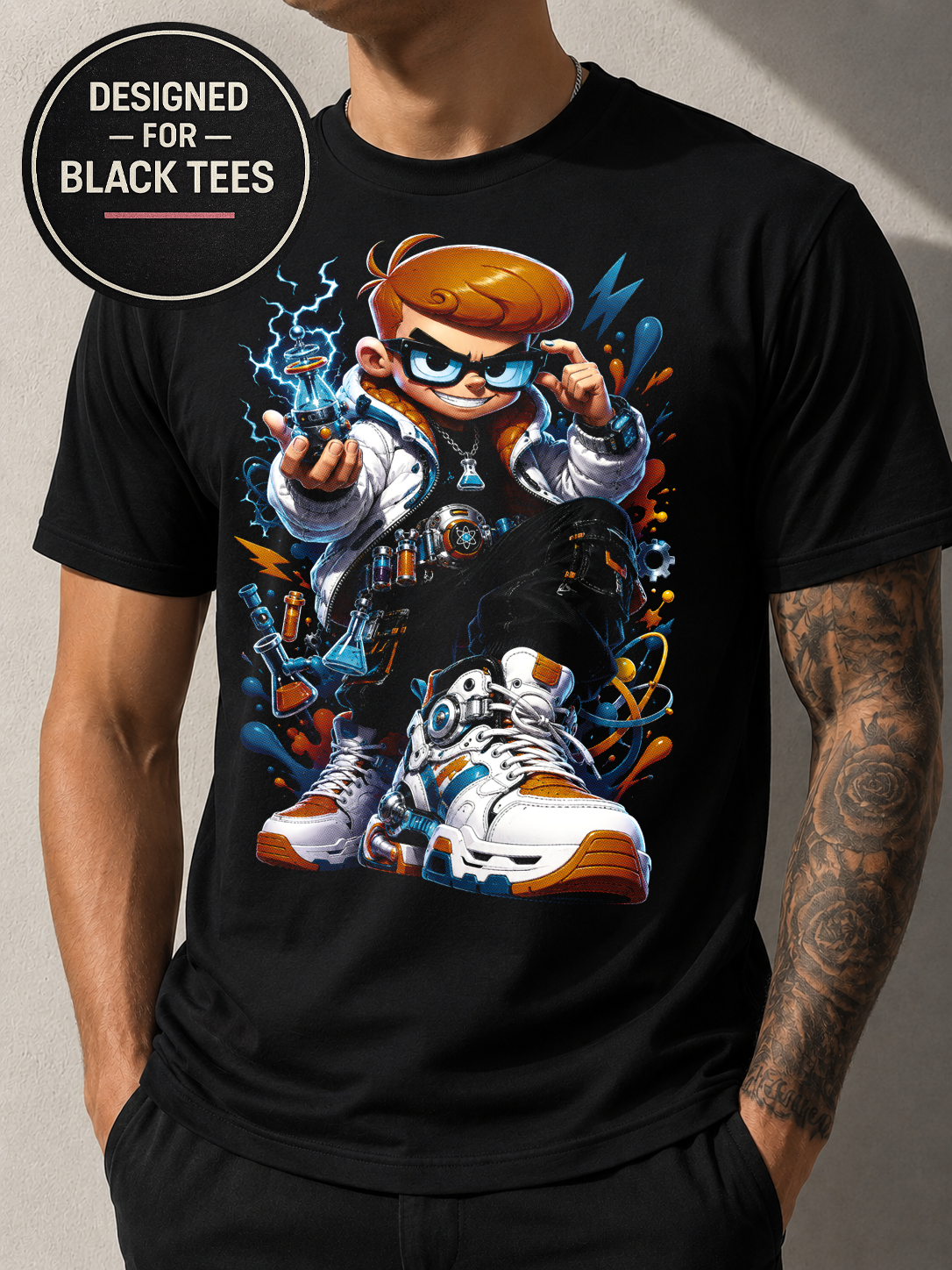 Mad Scientist Streetwear T-Shirt, Cartoon Laboratory Graphic Tee, Black Unisex Bella Canvas Shirt