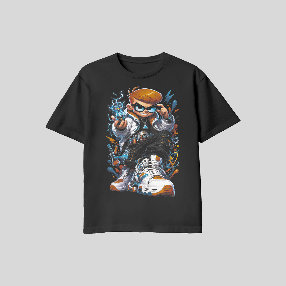 Mad Scientist Streetwear T-Shirt, Cartoon Laboratory Graphic Tee, Black Unisex Bella Canvas Shirt
