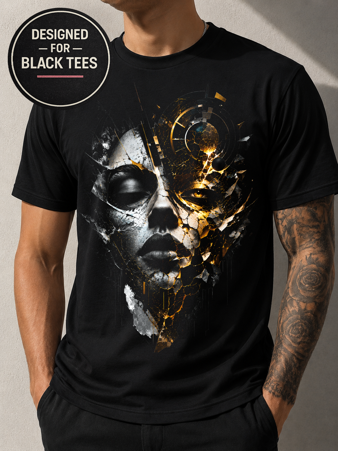 Abstract Woman Face Halftone T-Shirt #3, Black Gold Graphic Tee, Futuristic Art Streetwear, Unisex Bella Canvas Shirt