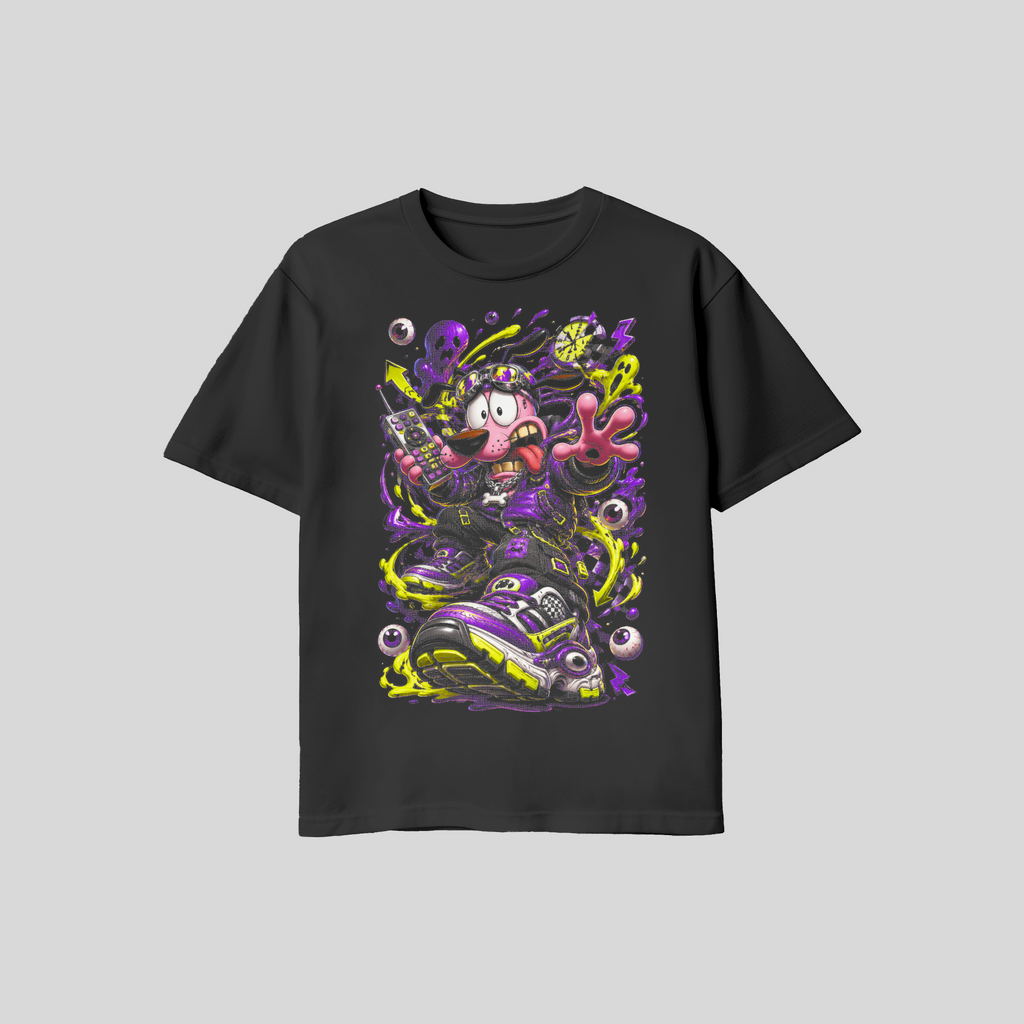 Cartoon Dog Streetwear T-Shirt, Neon Graffiti Graphic Tee, Black Unisex Bella Canvas Shirt