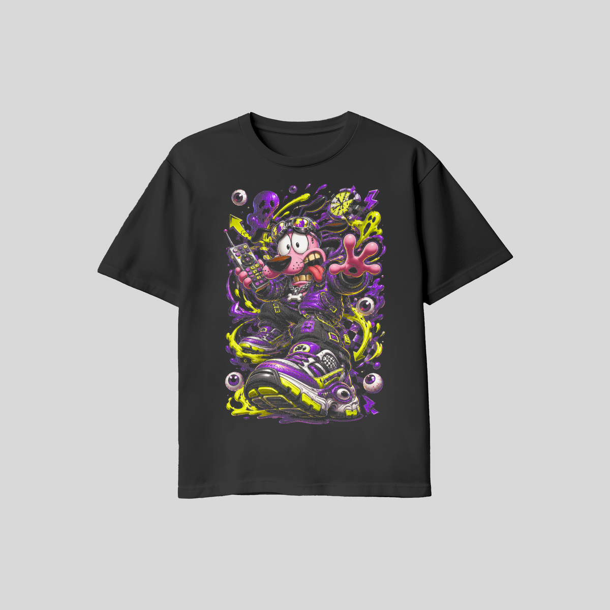 Cartoon Dog Streetwear T-Shirt, Neon Graffiti Graphic Tee, Black Unisex Bella Canvas Shirt