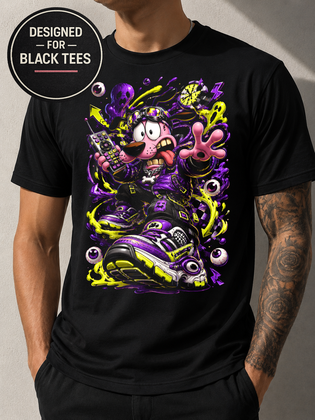 Cartoon Dog Streetwear T-Shirt, Neon Graffiti Graphic Tee, Black Unisex Bella Canvas Shirt