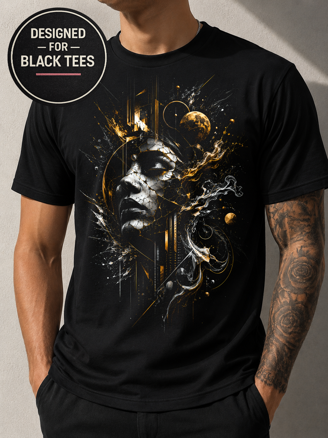 Abstract Woman Face #4 Halftone T-Shirt, Black Gold Graphic Tee, Futuristic Art Streetwear, Unisex Bella Canvas Shirt
