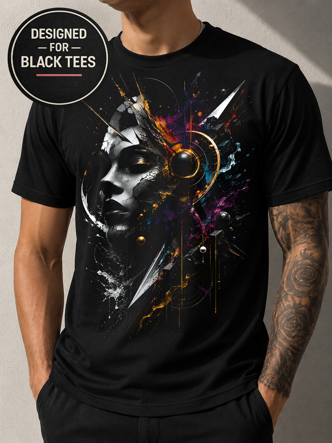 Abstract Woman Face #6 Halftone T-Shirt, Black Gold Graphic Tee, Futuristic Art Streetwear, Unisex Bella Canvas Shirt