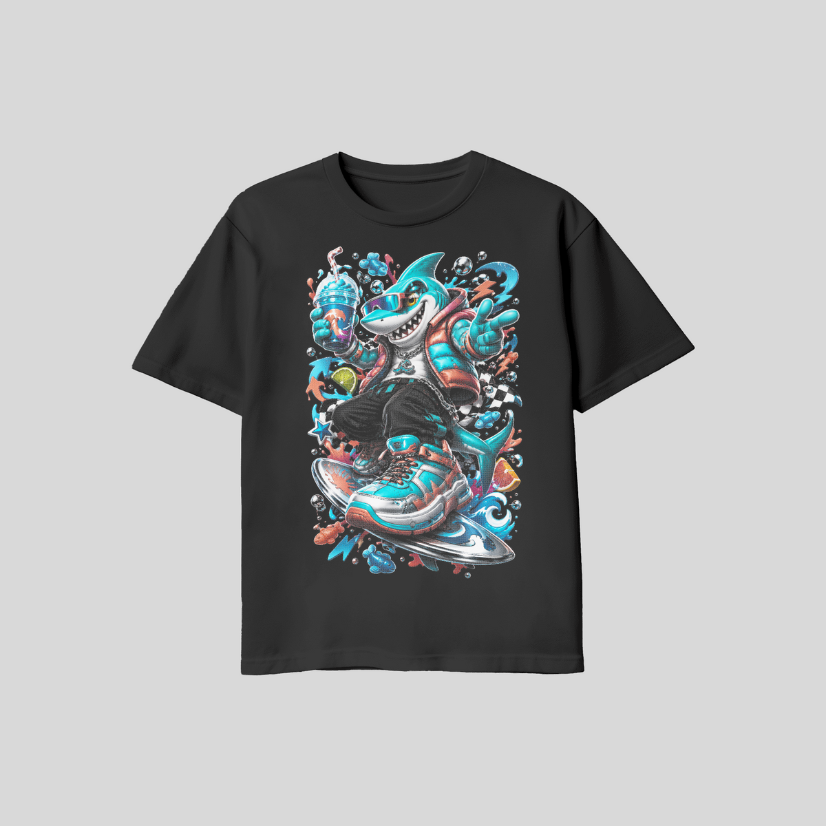Shark Streetwear T-Shirt #7, Cartoon Graphic Tee, Anime Inspired Urban Art, Black Unisex Bella Canvas Shirt