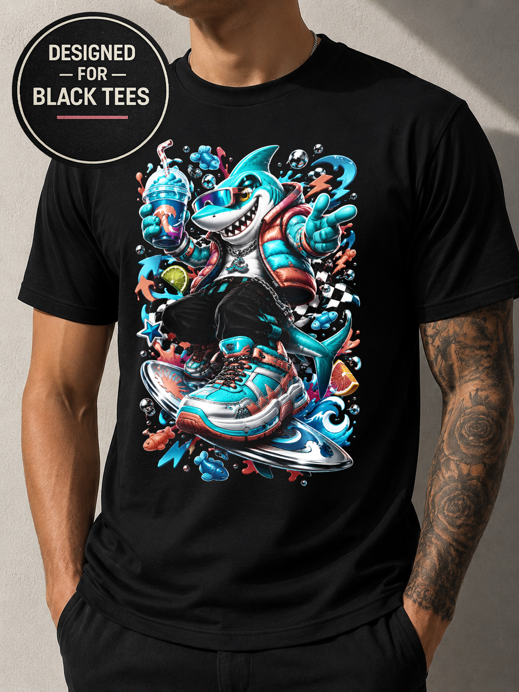 Shark Streetwear T-Shirt #7, Cartoon Graphic Tee, Anime Inspired Urban Art, Black Unisex Bella Canvas Shirt