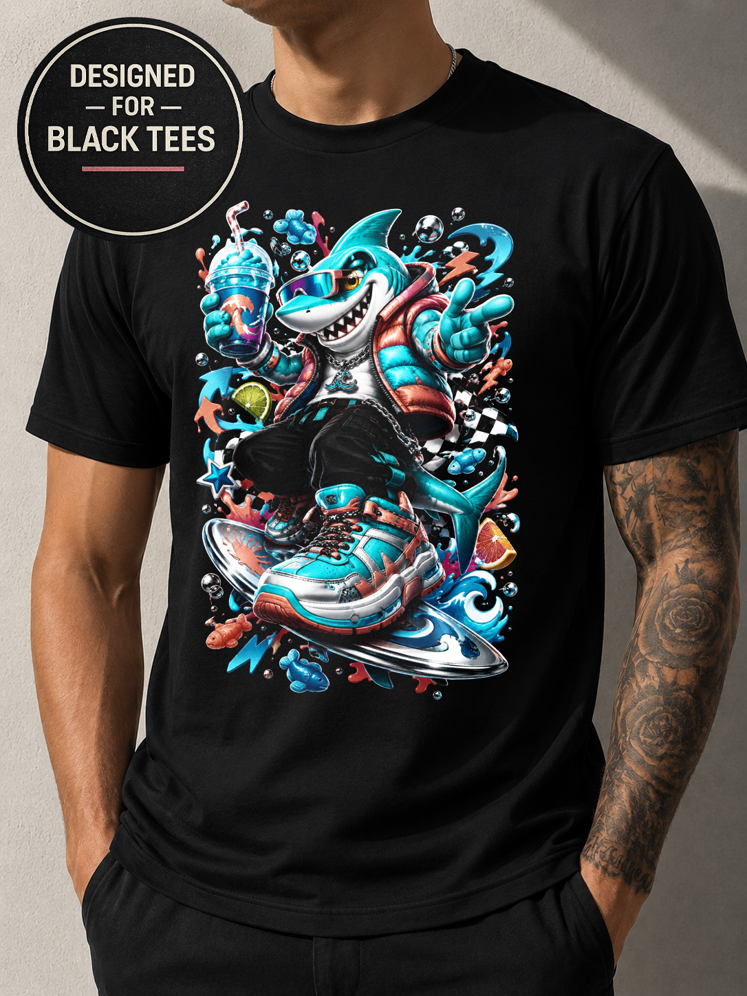 Shark Streetwear T-Shirt #7, Cartoon Graphic Tee, Anime Inspired Urban Art, Black Unisex Bella Canvas Shirt