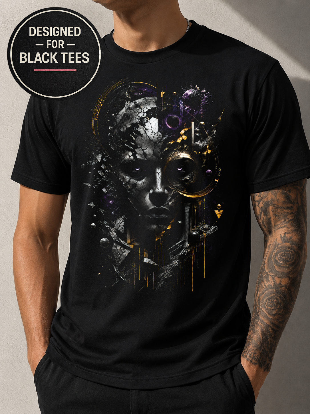 Abstract Face #9 Halftone T-Shirt, Black Gold Graphic Tee, Futuristic Art Streetwear, Unisex Bella Canvas Shirt
