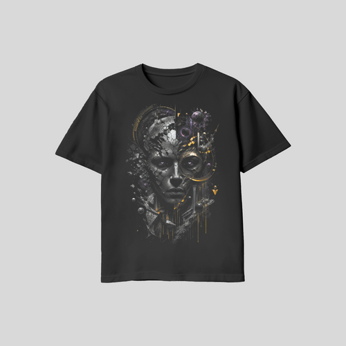 Abstract Face #9 Halftone T-Shirt, Black Gold Graphic Tee, Futuristic Art Streetwear, Unisex Bella Canvas Shirt