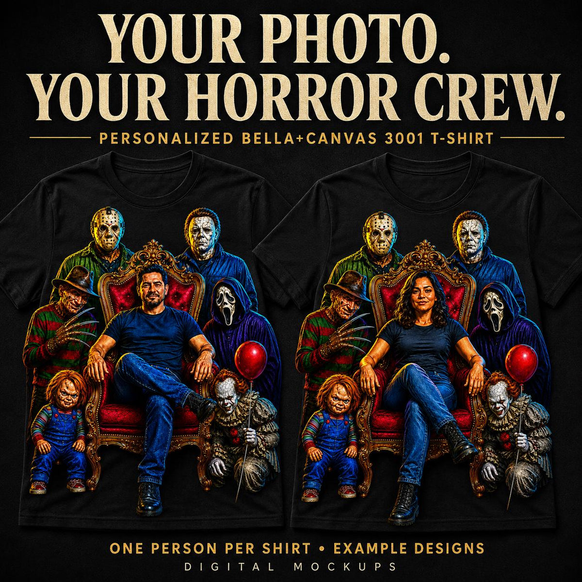 Custom Halloween Horror Photo T-Shirt | Personalized Bella+Canvas 3001 Unisex Halftone Tee